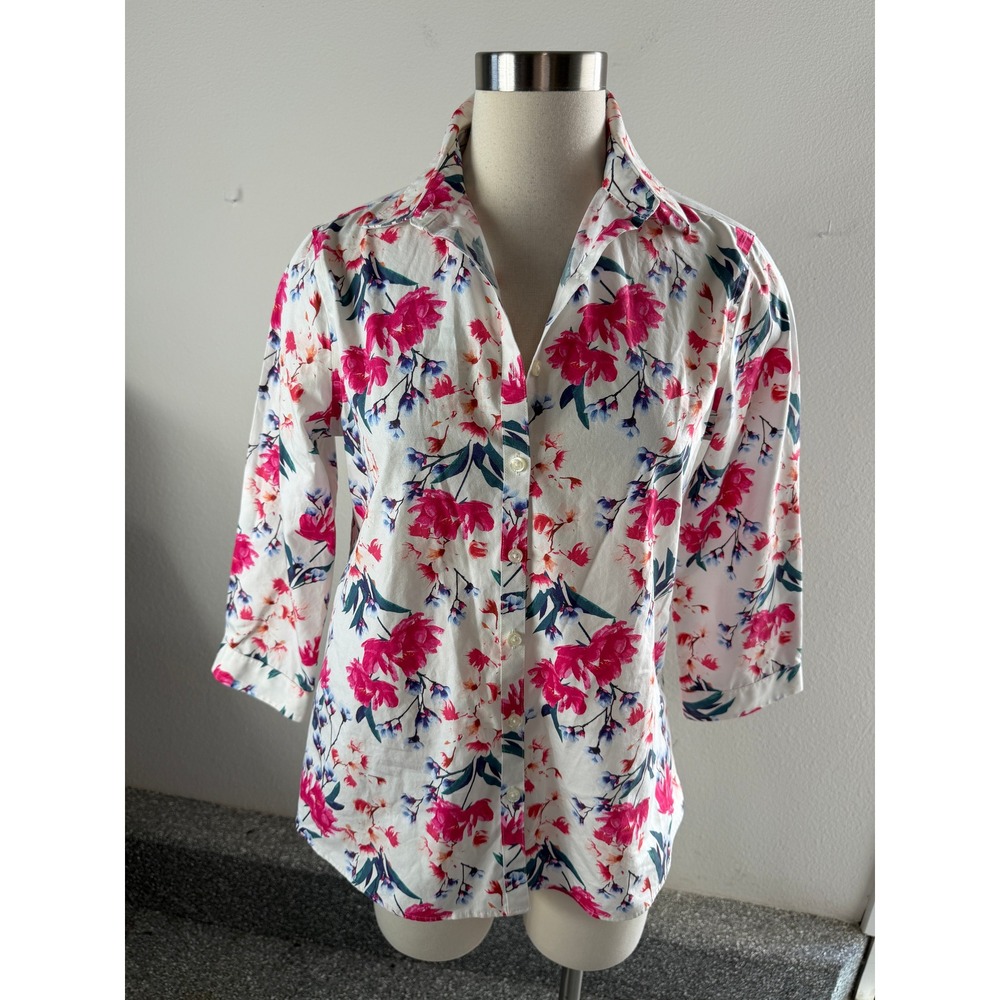 Lands End Womens 6 Supima Cotton No Iron Floral Button Down Shirt White Pink